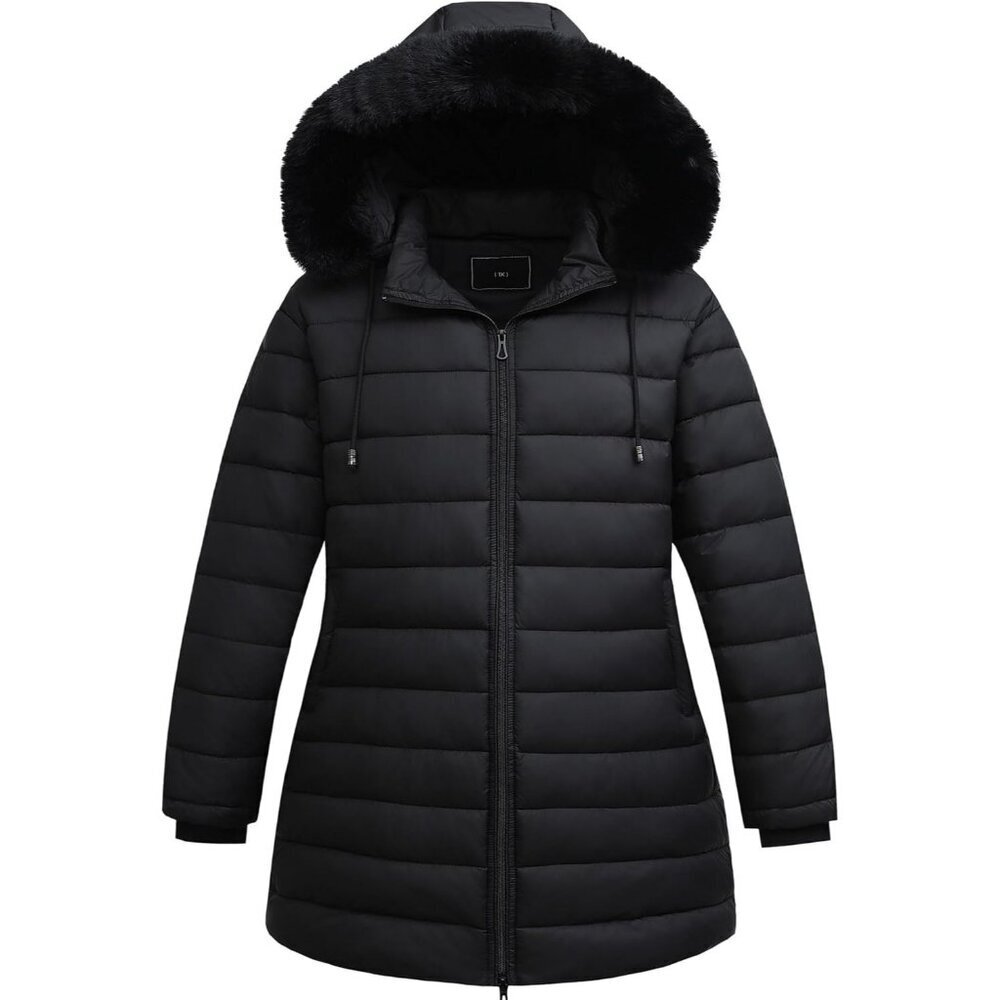 Women’s Flannel Lined Detachable Black Down Hood Jacket Coat Fur Trim Stylish
